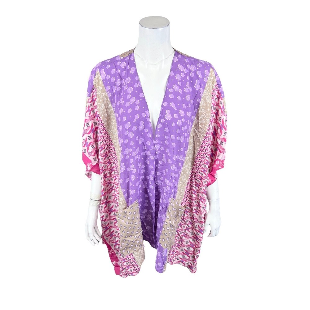 Susan Graver Printed Woven Open Front Cardigan Patch w/ Pockets Rose Medium Size